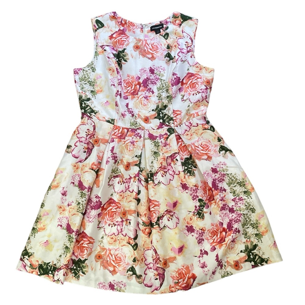 Liz Claiborne fit flair sleeveless formal midi dress pink peach roses floral 16